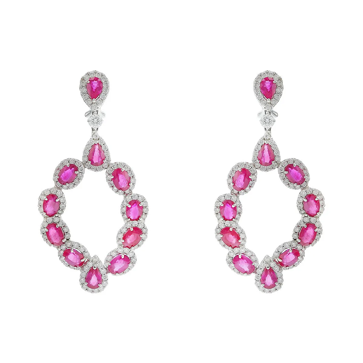 Ruby and Diamond Halo Open Drop Earrings