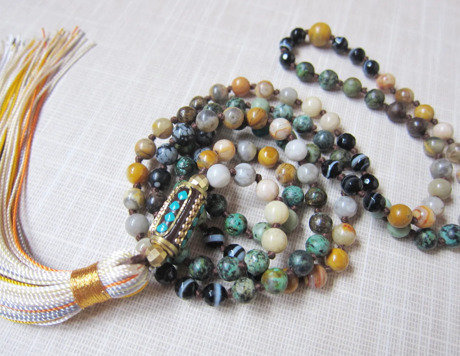 SALE - Bohemian African Turquoise Tibetan Guru Bead Tassel Necklace