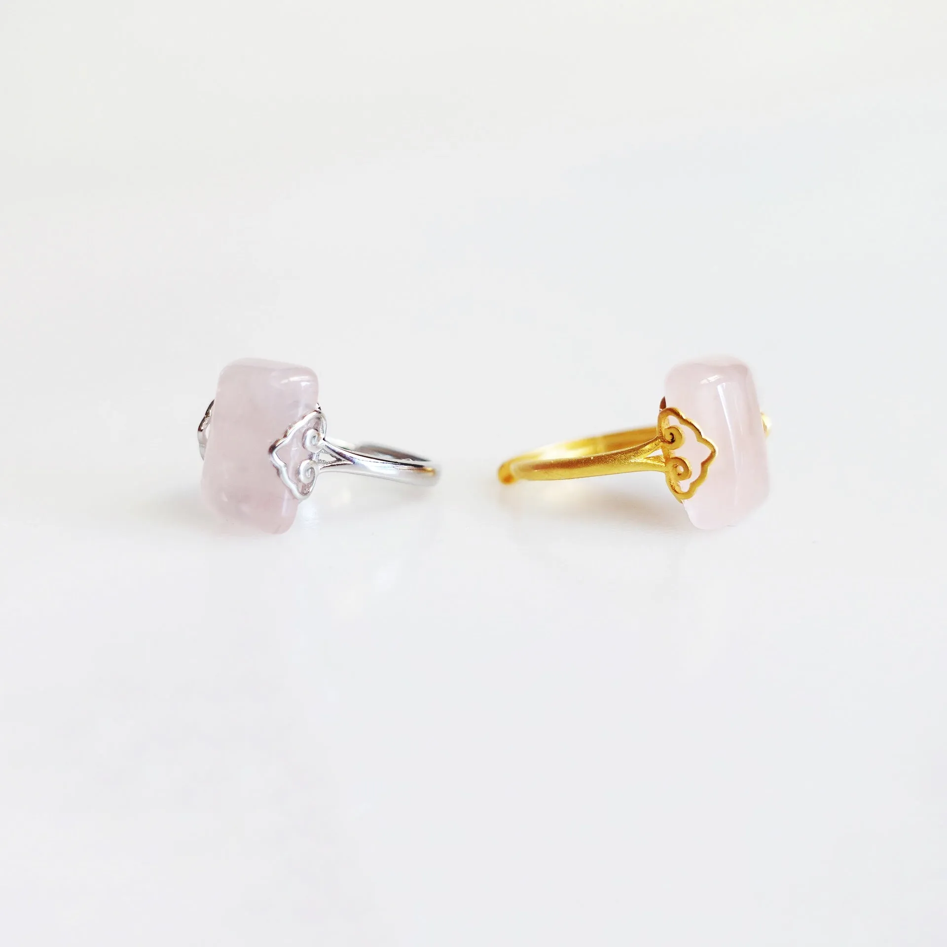 Silver Rectangle Rose Quartz Ring