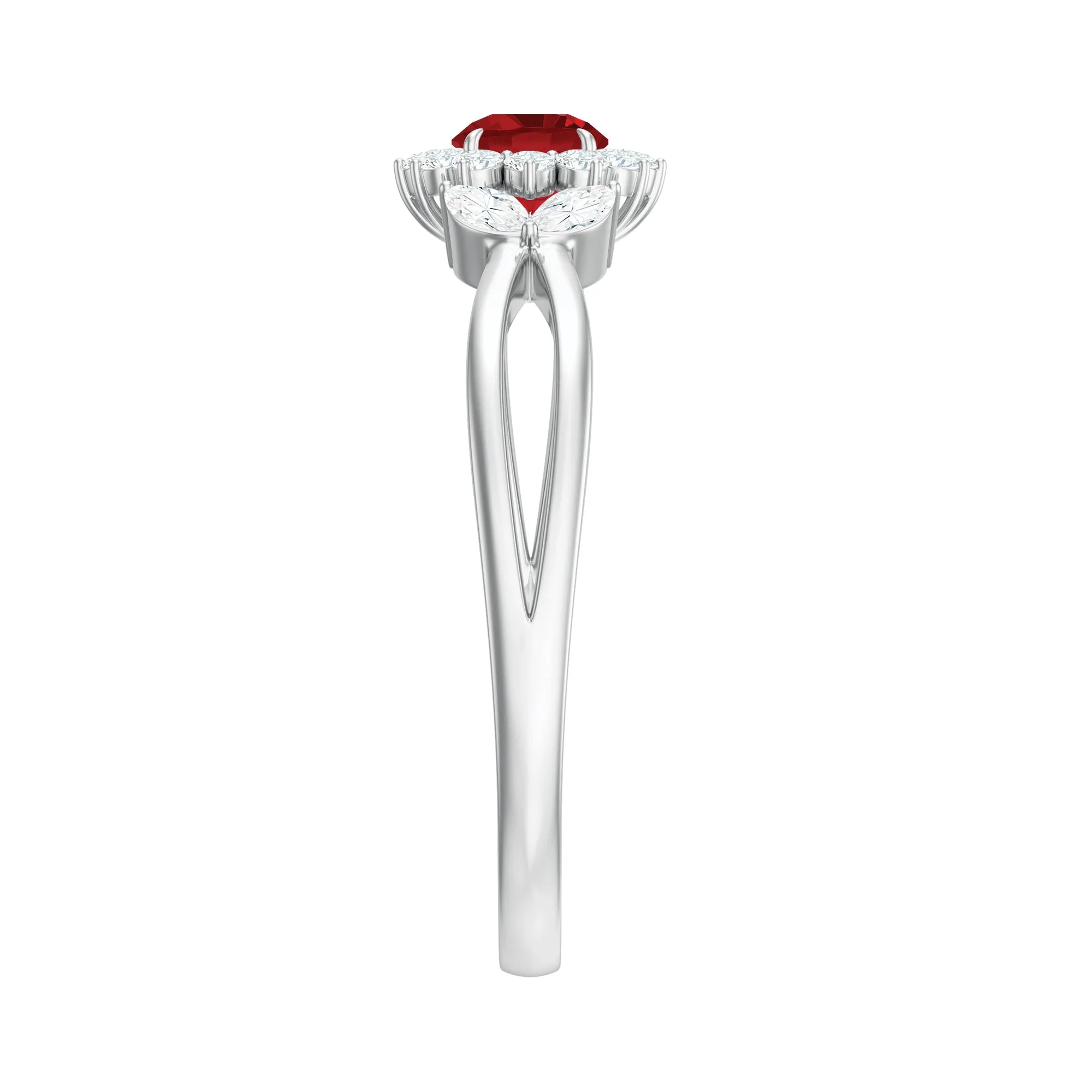 Split Shank Created Ruby Flower Engagement Ring with Diamond