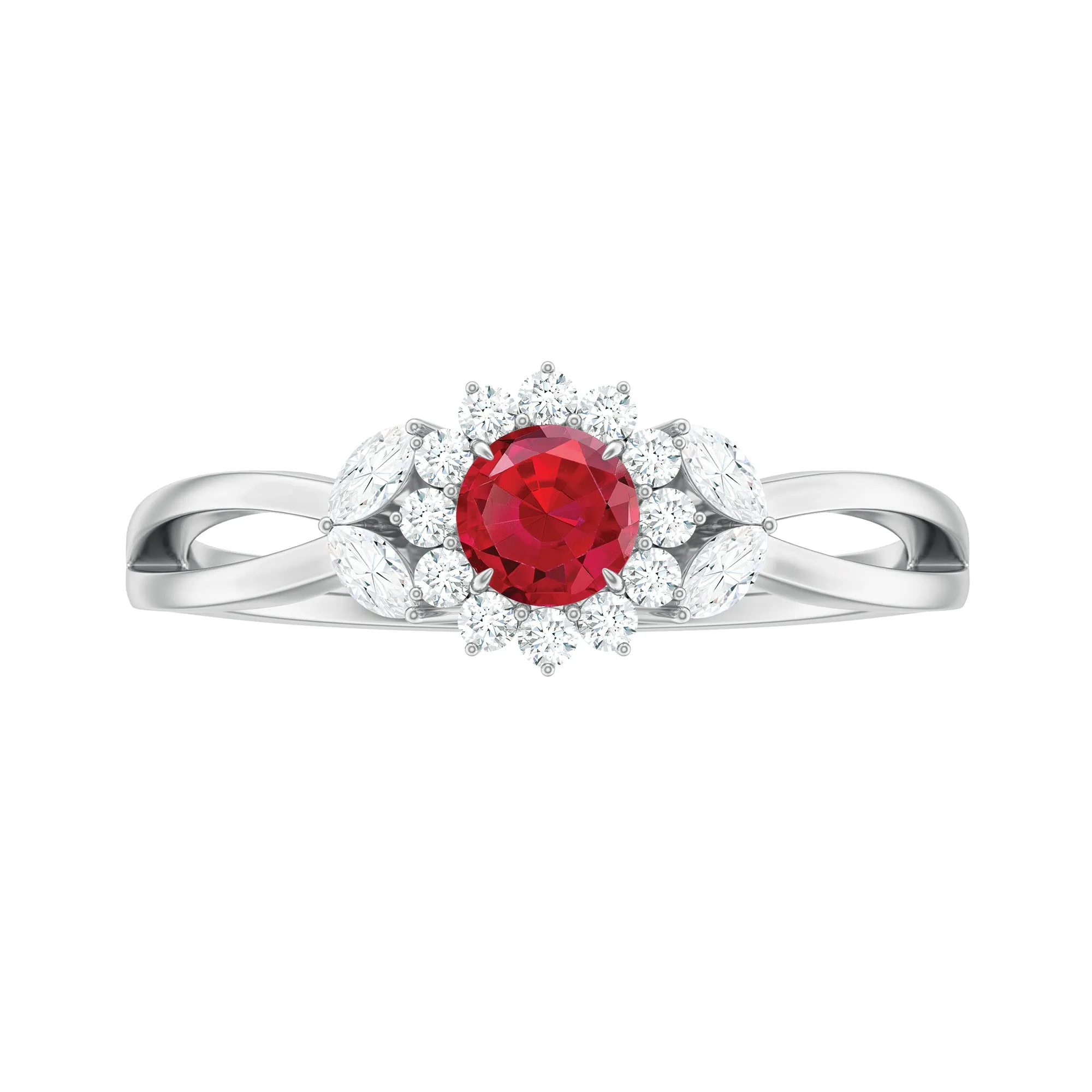 Split Shank Created Ruby Flower Engagement Ring with Diamond