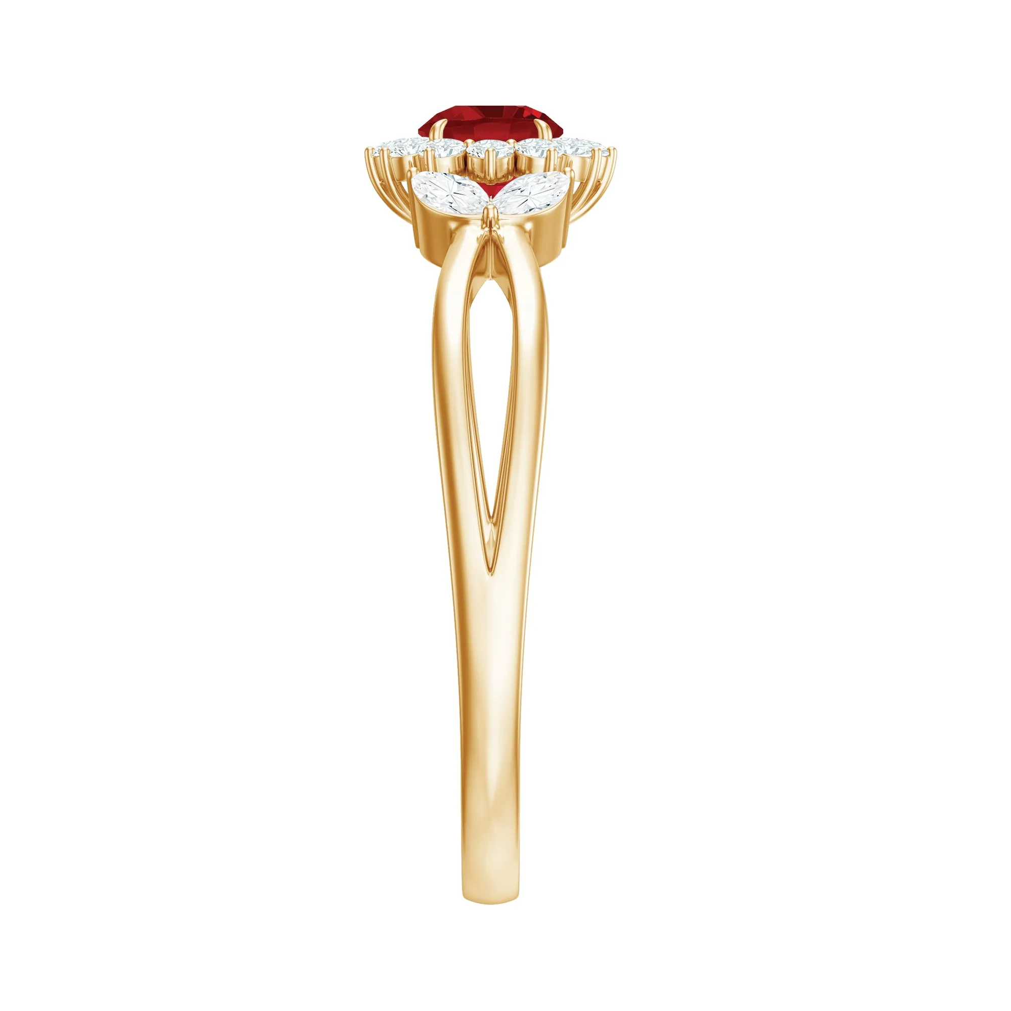 Split Shank Created Ruby Flower Engagement Ring with Diamond