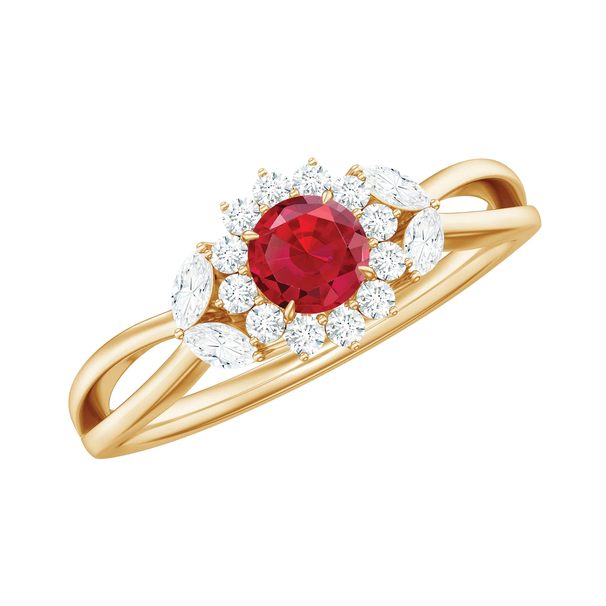 Split Shank Created Ruby Flower Engagement Ring with Diamond