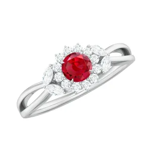 Split Shank Created Ruby Flower Engagement Ring with Diamond