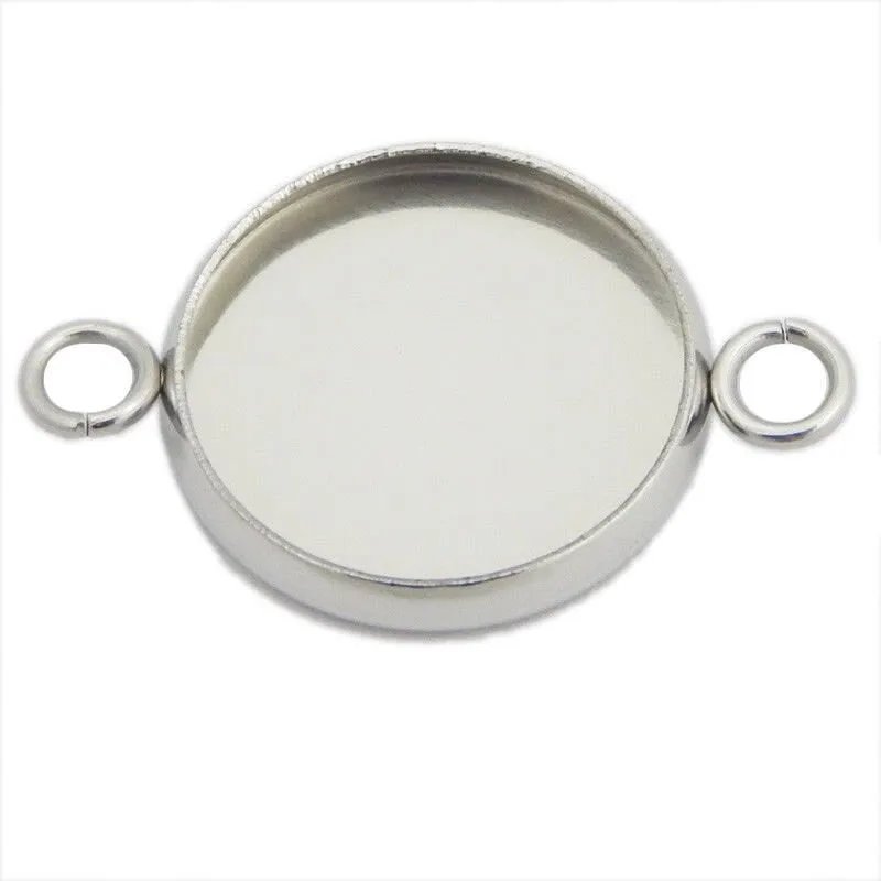 Stainless Steel Round Pendant Tray Double Loop Cabochon Setting Blank Bezel Pendant Base Two Rings Silver Tone 6 8 10 12 14 16 18 20 22 mm