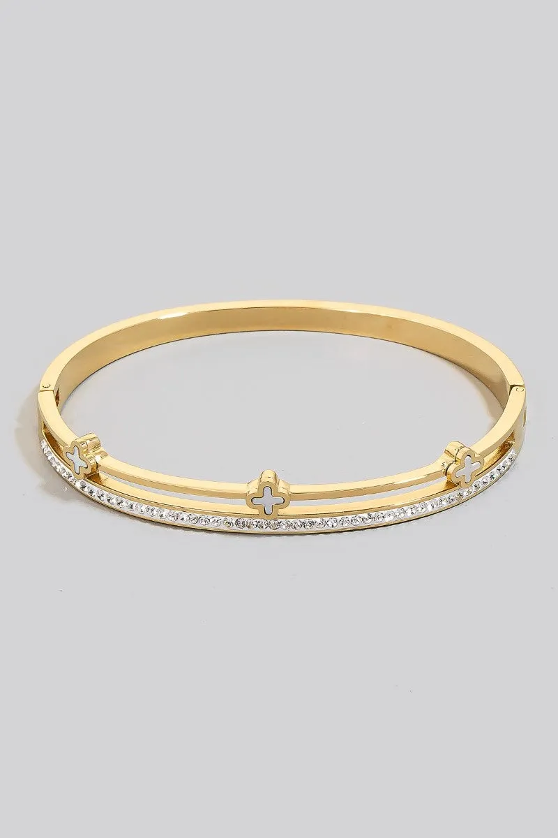 Stainless Steel Triple Clover and Pave Row Hinge Bangle Bracelet