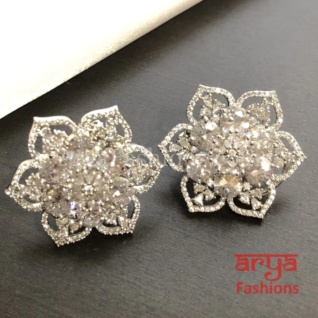 Star Shaped Silver Cubic Zirconia Round Studs with Blue Stones