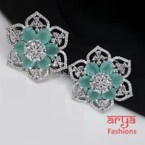 Star Shaped Silver Cubic Zirconia Round Studs with Blue Stones