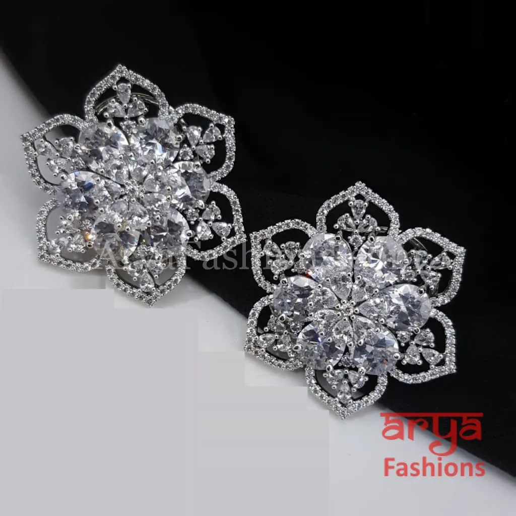 Star Shaped Silver Cubic Zirconia Round Studs with Blue Stones