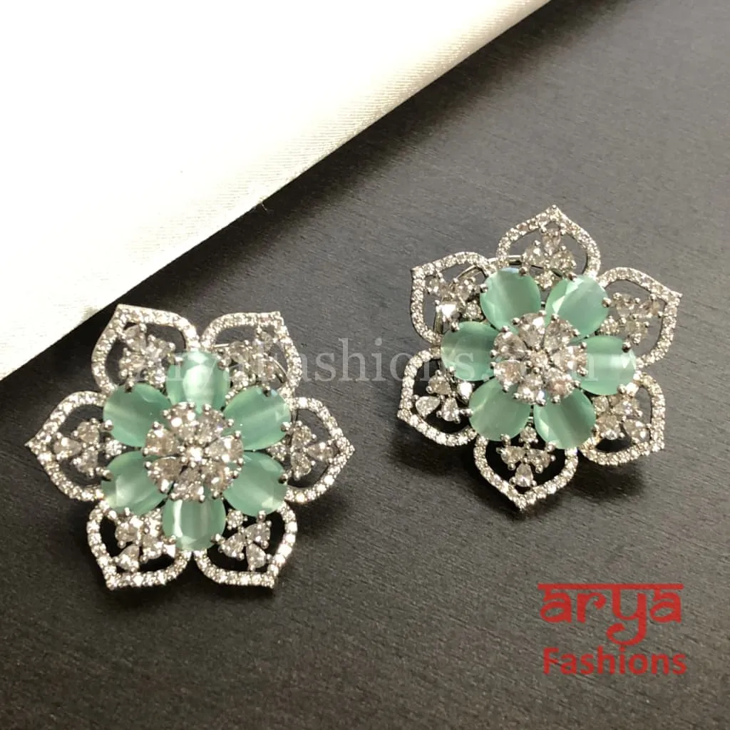 Star Shaped Silver Cubic Zirconia Round Studs with Blue Stones