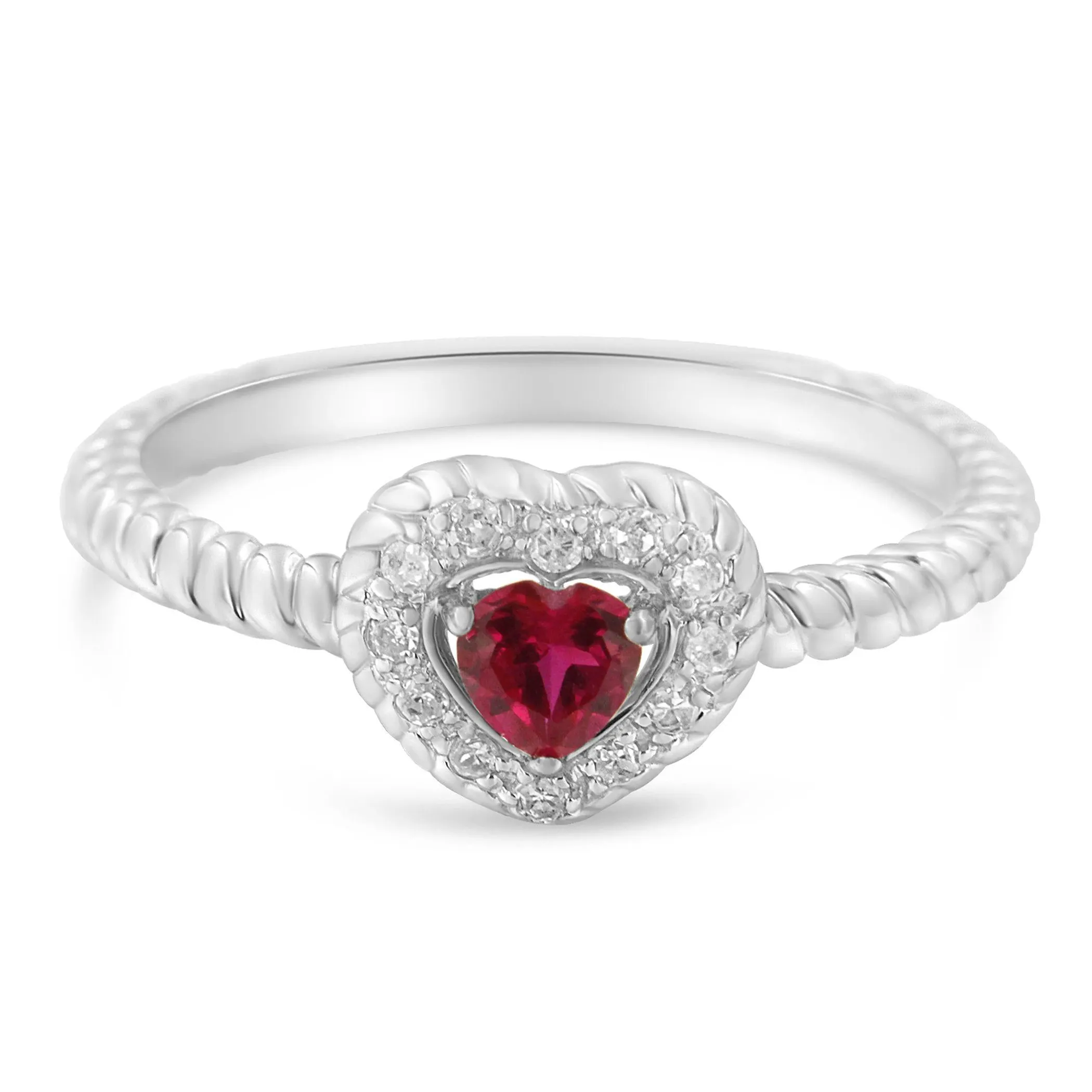 Sterling Silver 4MM Lab Created Ruby Heart and Diamond Accent Heart Ring (I-J, I2-I3)