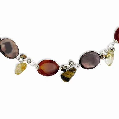 Sterling Silver Carnelian Citrine Crystal Mother Of Pearl Tiger'S Eye Necklace