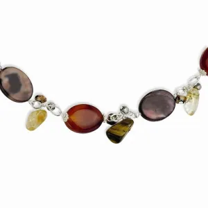 Sterling Silver Carnelian Citrine Crystal Mother Of Pearl Tiger'S Eye Necklace