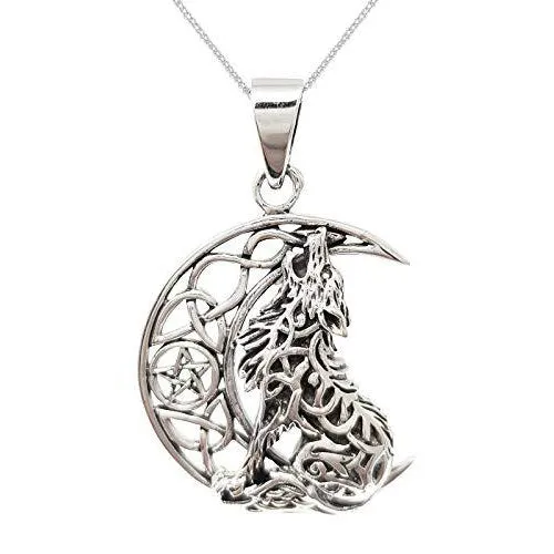 Sterling Silver Celtic Moon Wolf Pendant on Chain For Women