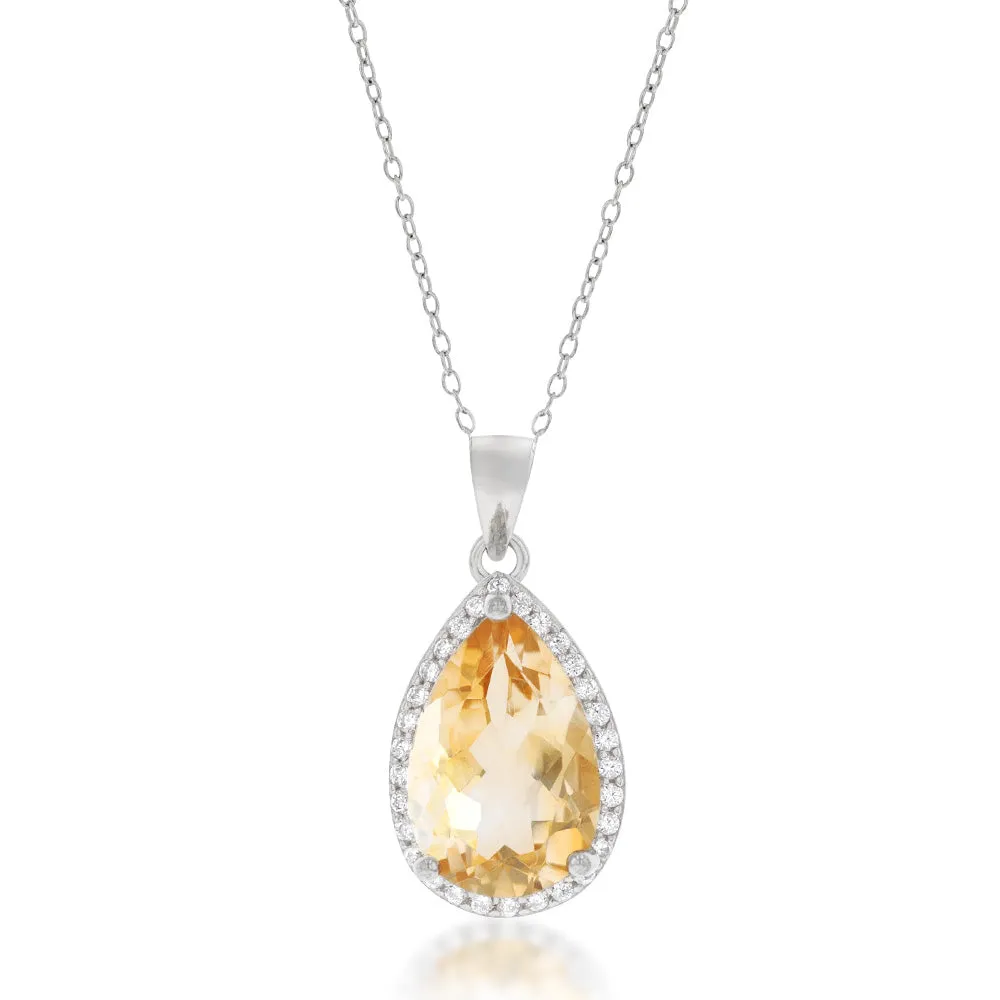 Sterling Silver Citrine and Zirconia Pear Pendant on Chain