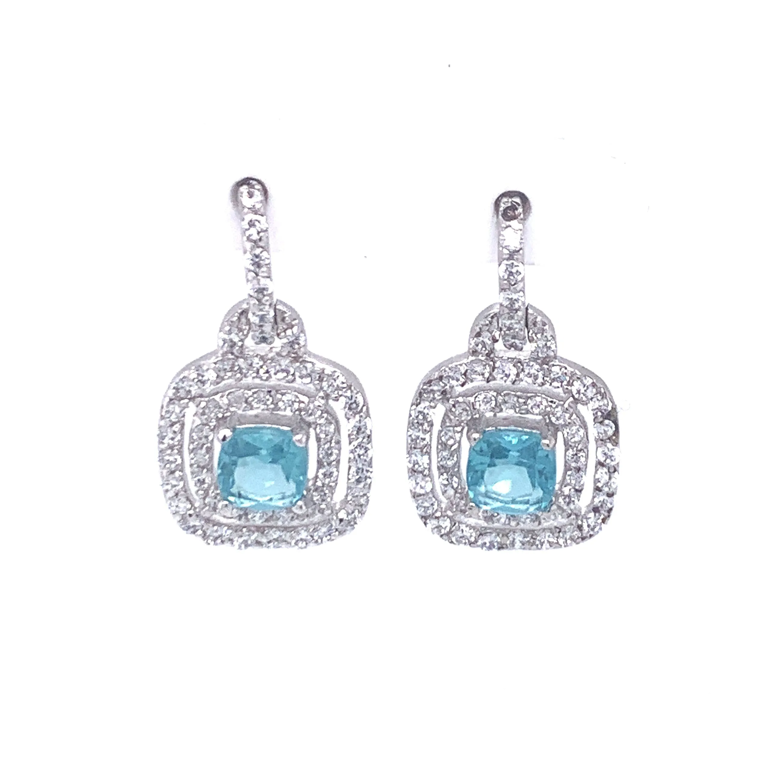 Sterling Silver Cubic Zirconia Double Halo Square Dangle Earrings