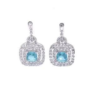 Sterling Silver Cubic Zirconia Double Halo Square Dangle Earrings