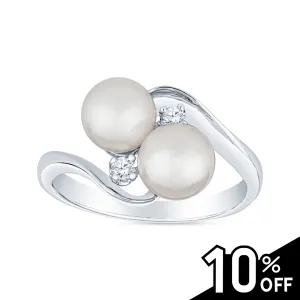 Swirl Bypass Two Stone Akoya Cultured Pearl and Diamond Ring