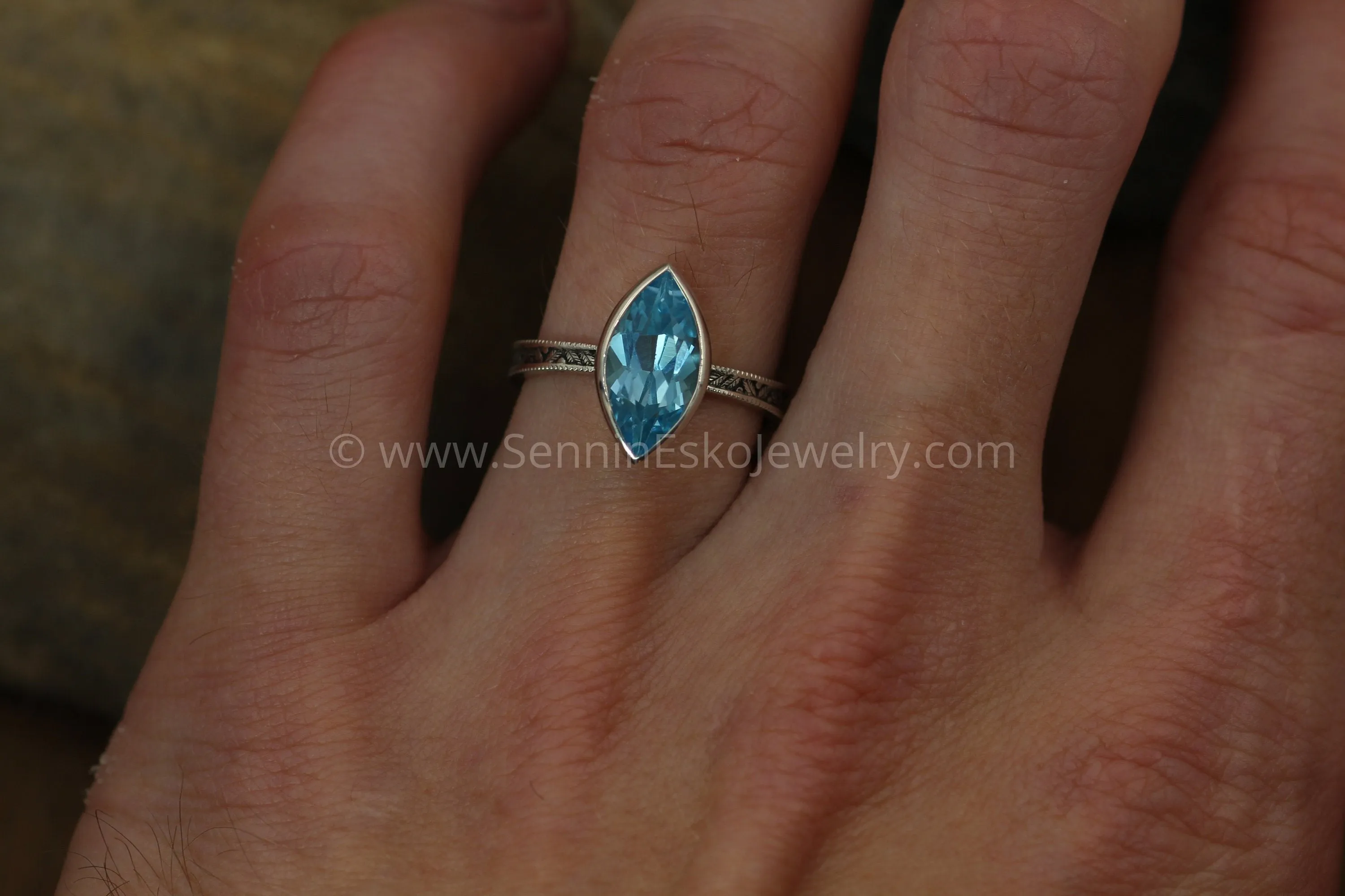 Swiss Blue Topaz Milgrain Leaf Engraved Silver or Gold Multi Bezel Ring -  Alternative Engagement