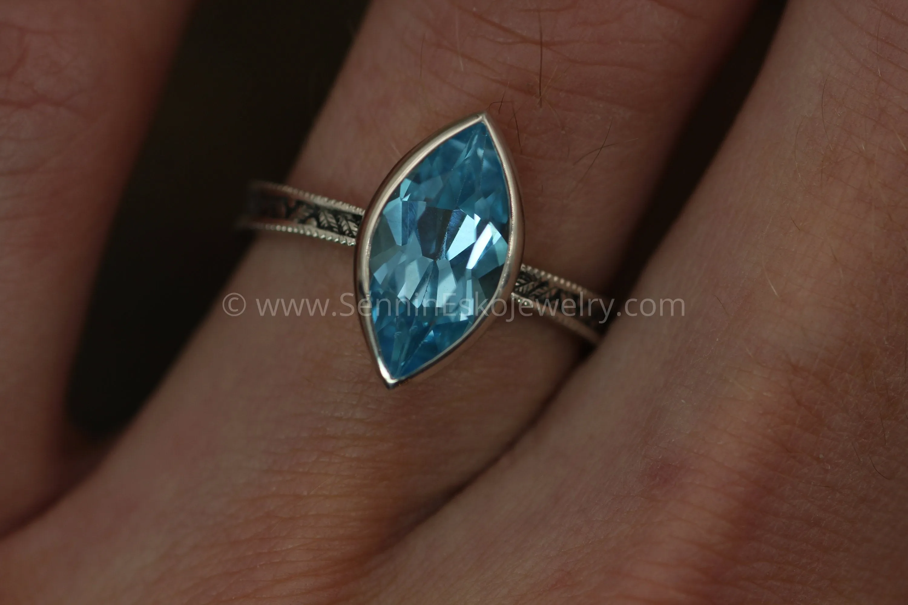 Swiss Blue Topaz Milgrain Leaf Engraved Silver or Gold Multi Bezel Ring -  Alternative Engagement