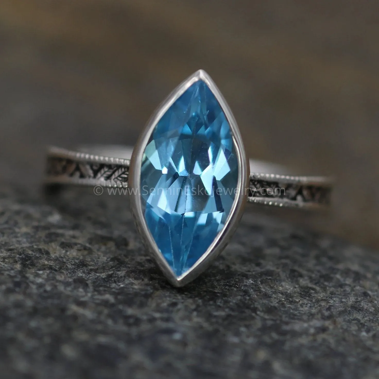 Swiss Blue Topaz Milgrain Leaf Engraved Silver or Gold Multi Bezel Ring -  Alternative Engagement