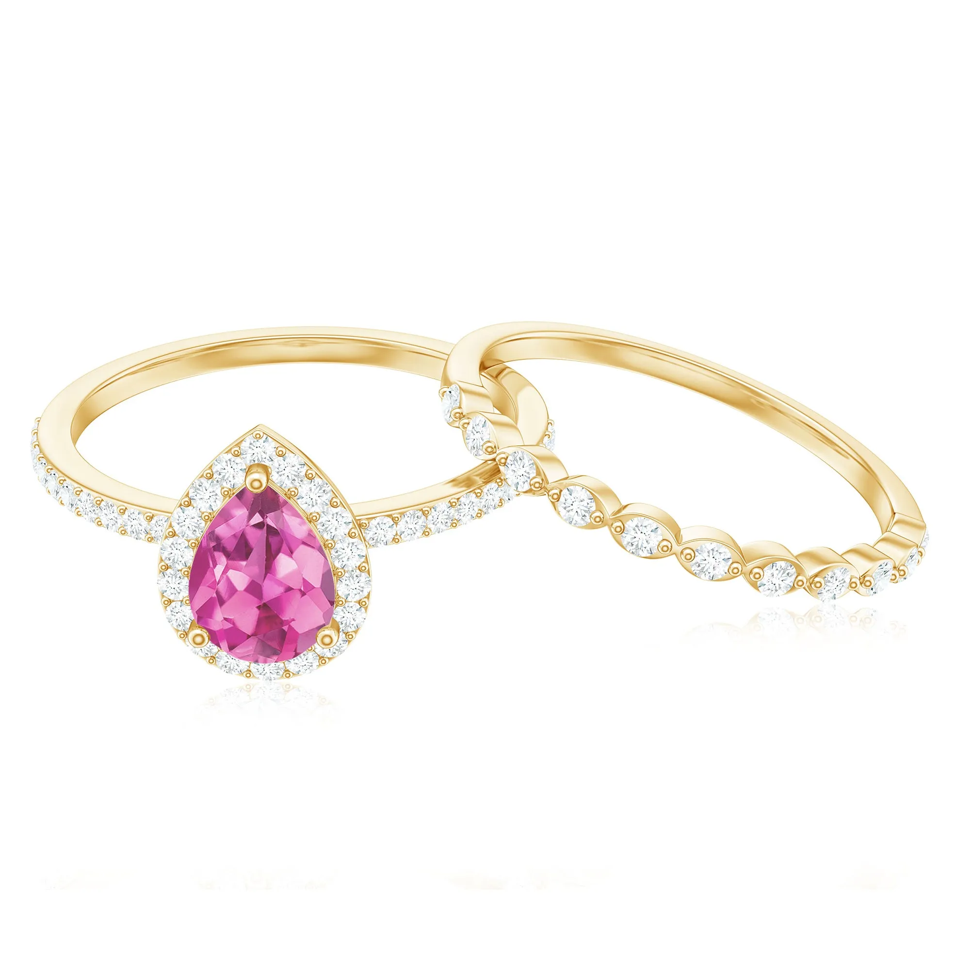 Teardrop Pink tourmaline Bridal Ring Set with Diamond