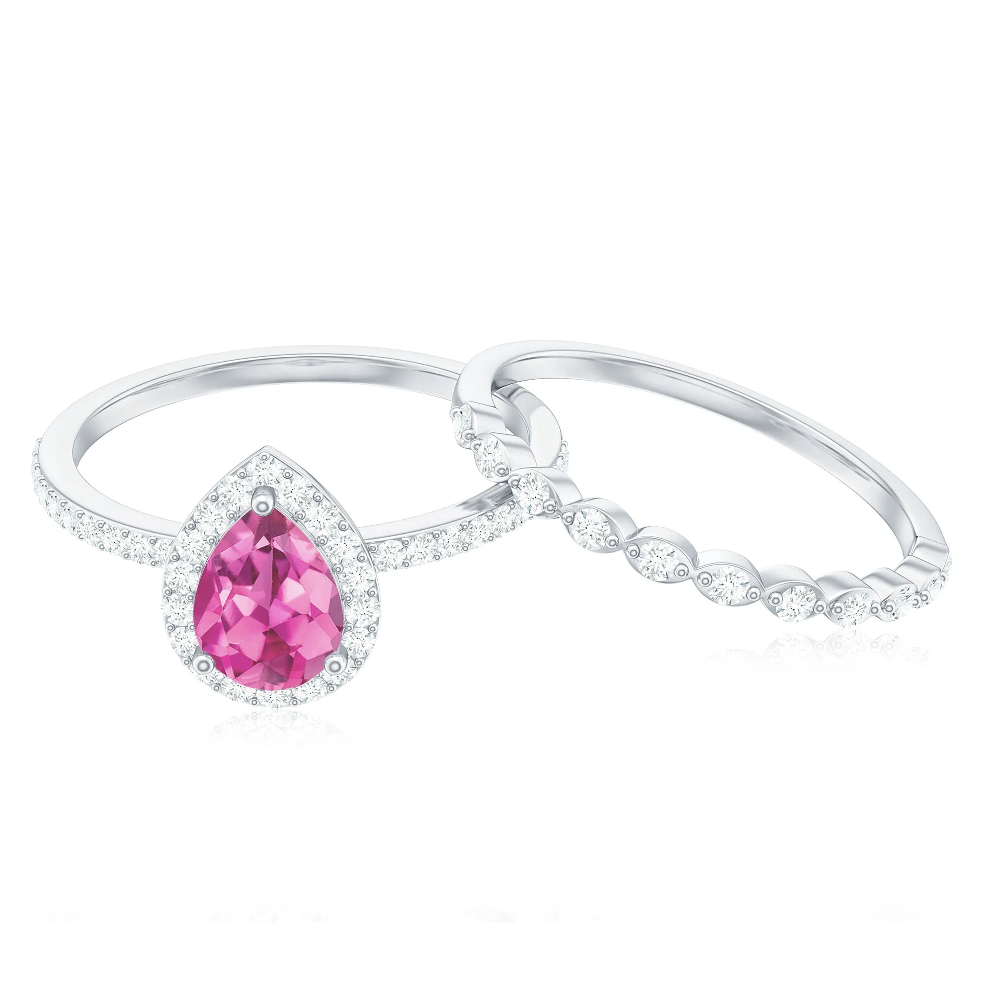 Teardrop Pink tourmaline Bridal Ring Set with Diamond