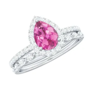 Teardrop Pink tourmaline Bridal Ring Set with Diamond