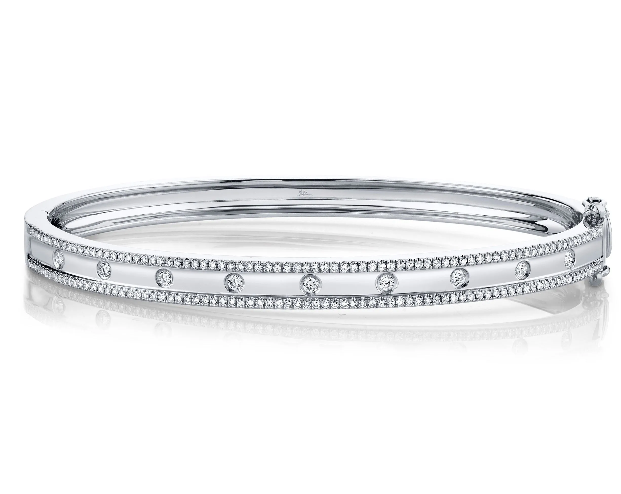 Thin Burnish Set Diamond Lined Stacking Bangle Bracelets