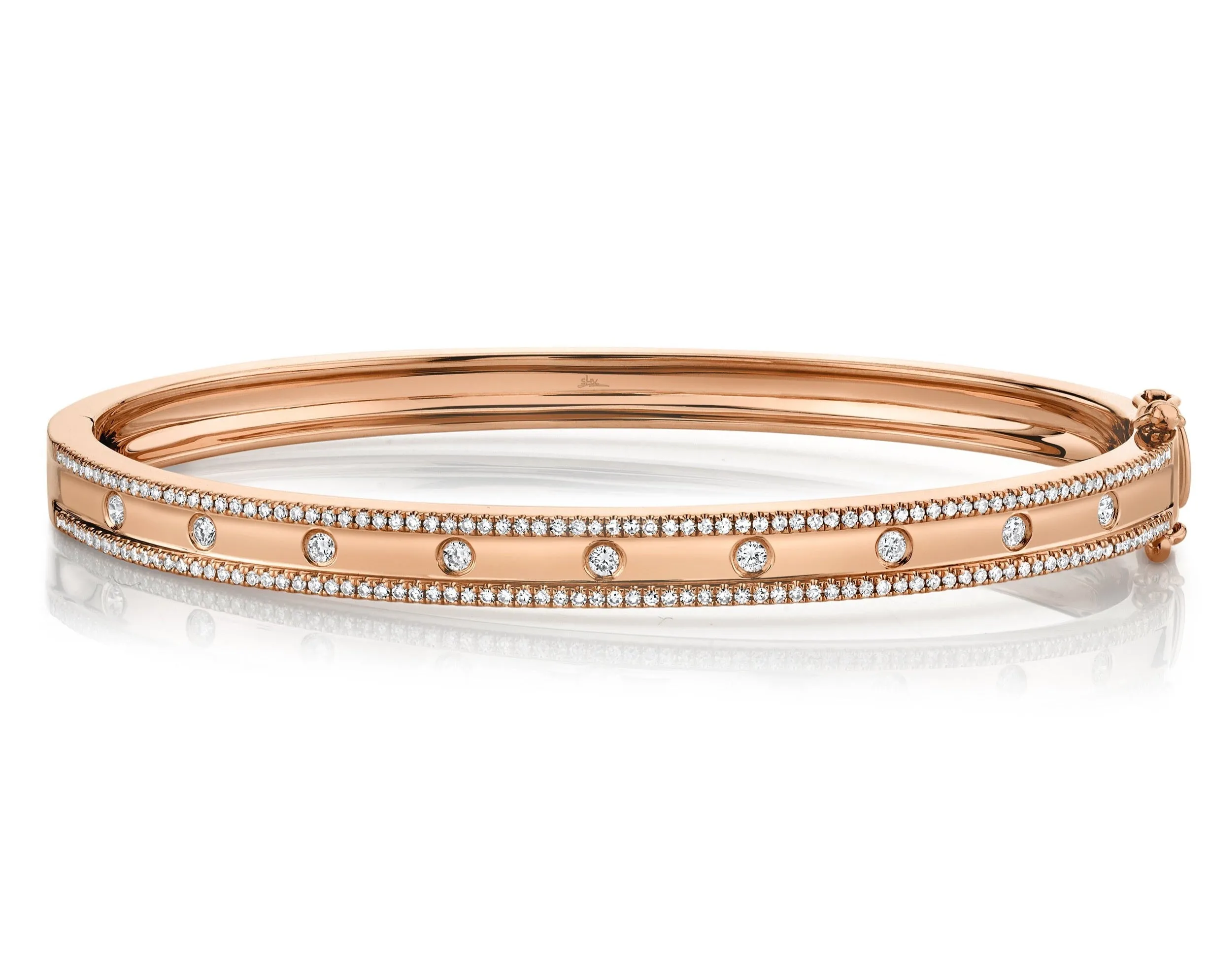 Thin Burnish Set Diamond Lined Stacking Bangle Bracelets