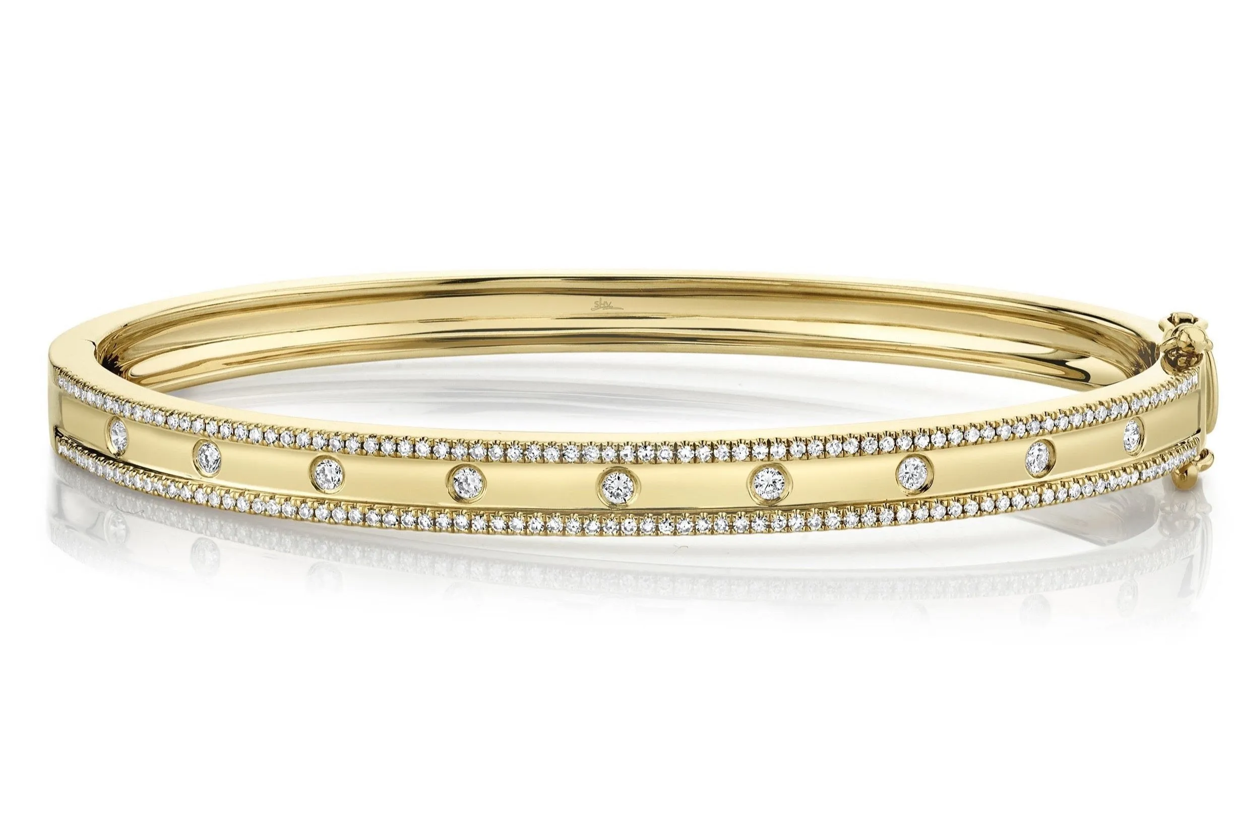 Thin Burnish Set Diamond Lined Stacking Bangle Bracelets