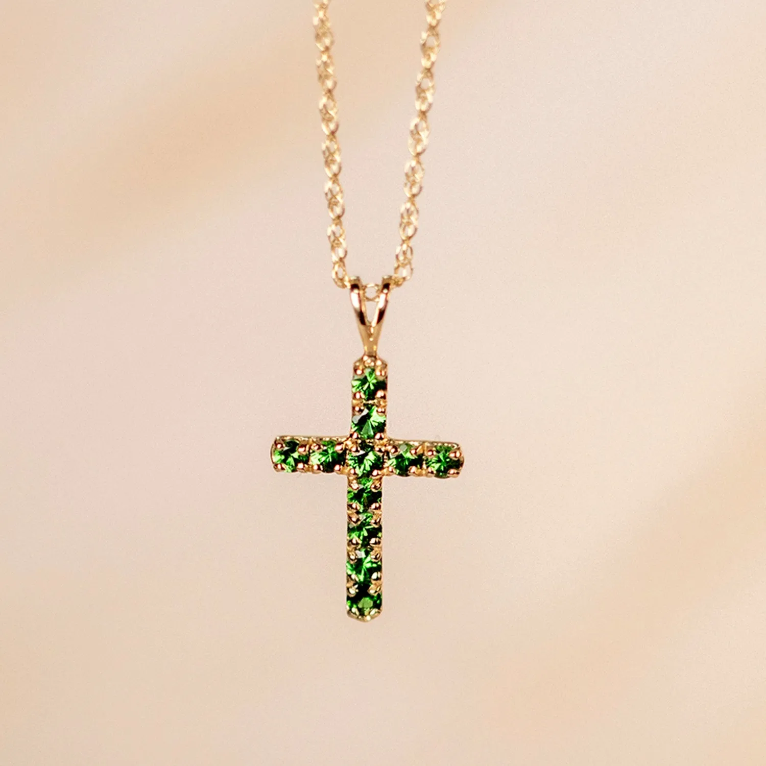 Tsavorite Cross Necklace in Solid Gold