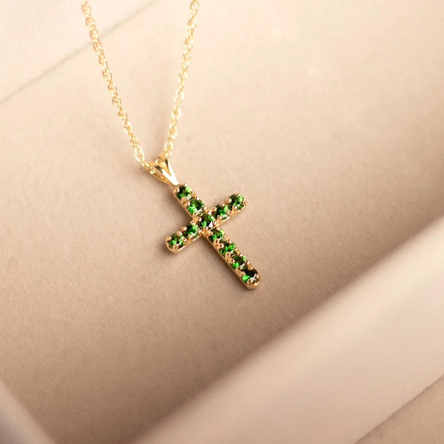 Tsavorite Cross Necklace in Solid Gold