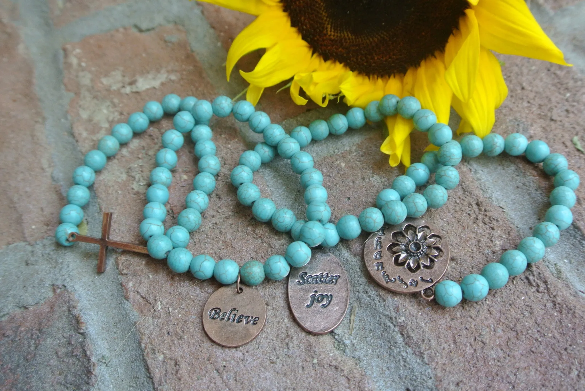 Turquoise beaded bracelet with Copper toned Scatter Joy Charm