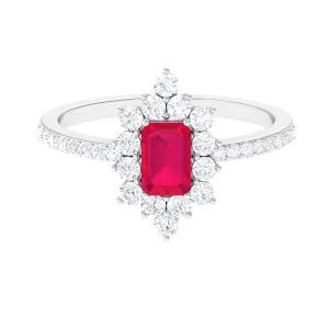 Vintage Inspired Ruby and Diamond Halo Engagement Ring