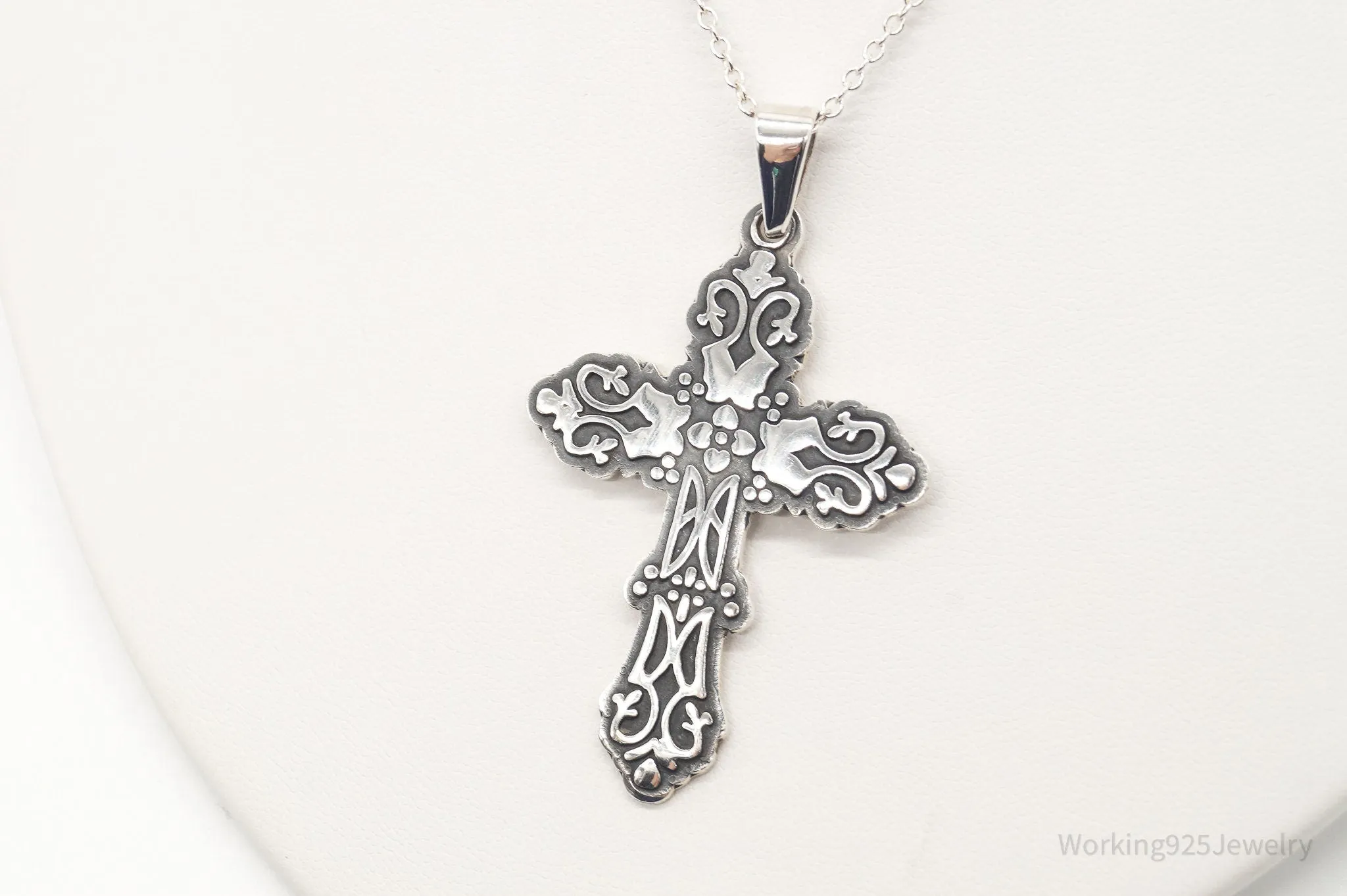 Vintage Large Mexico Artisan CII Cross Sterling Silver Necklace