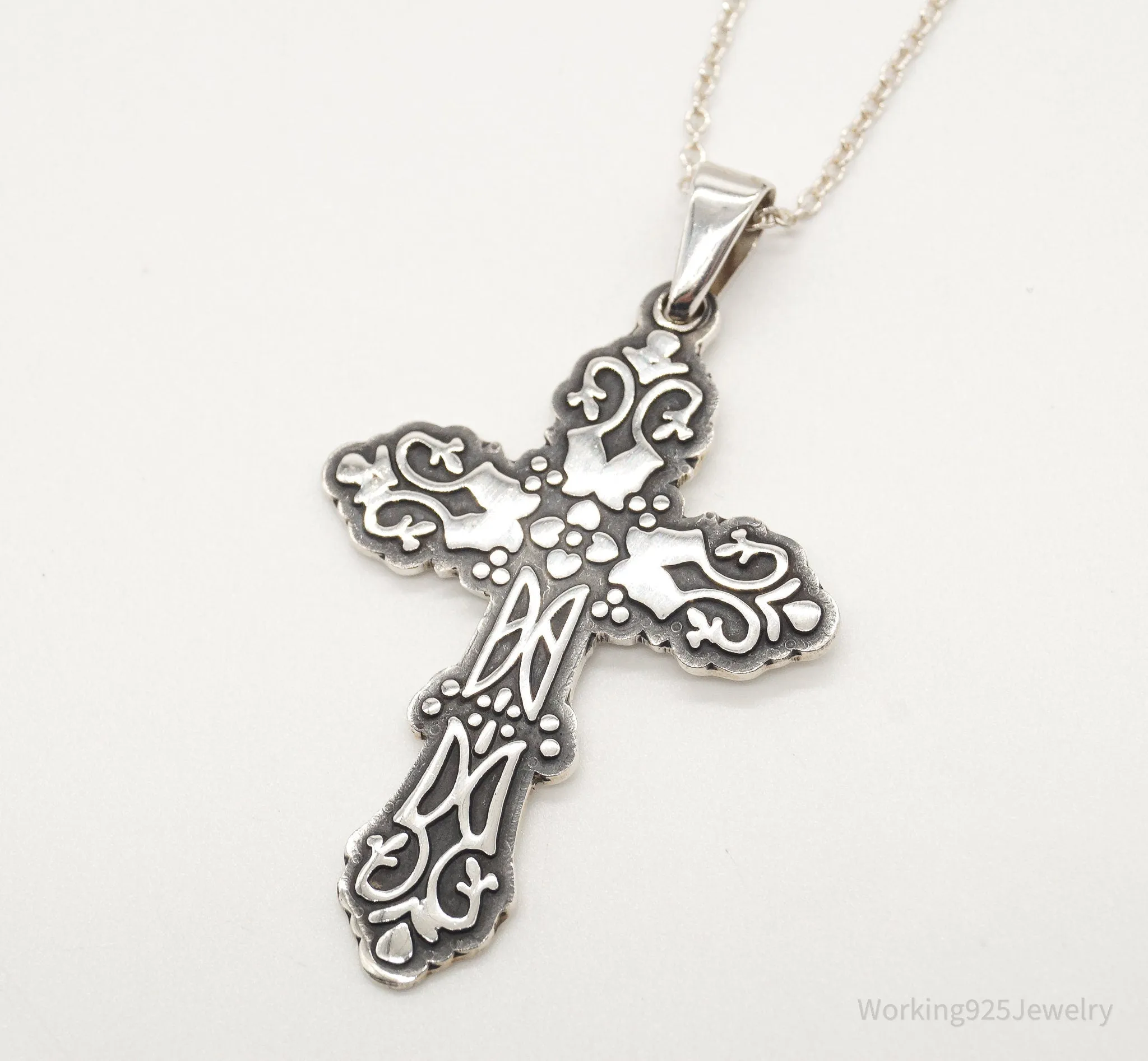 Vintage Large Mexico Artisan CII Cross Sterling Silver Necklace