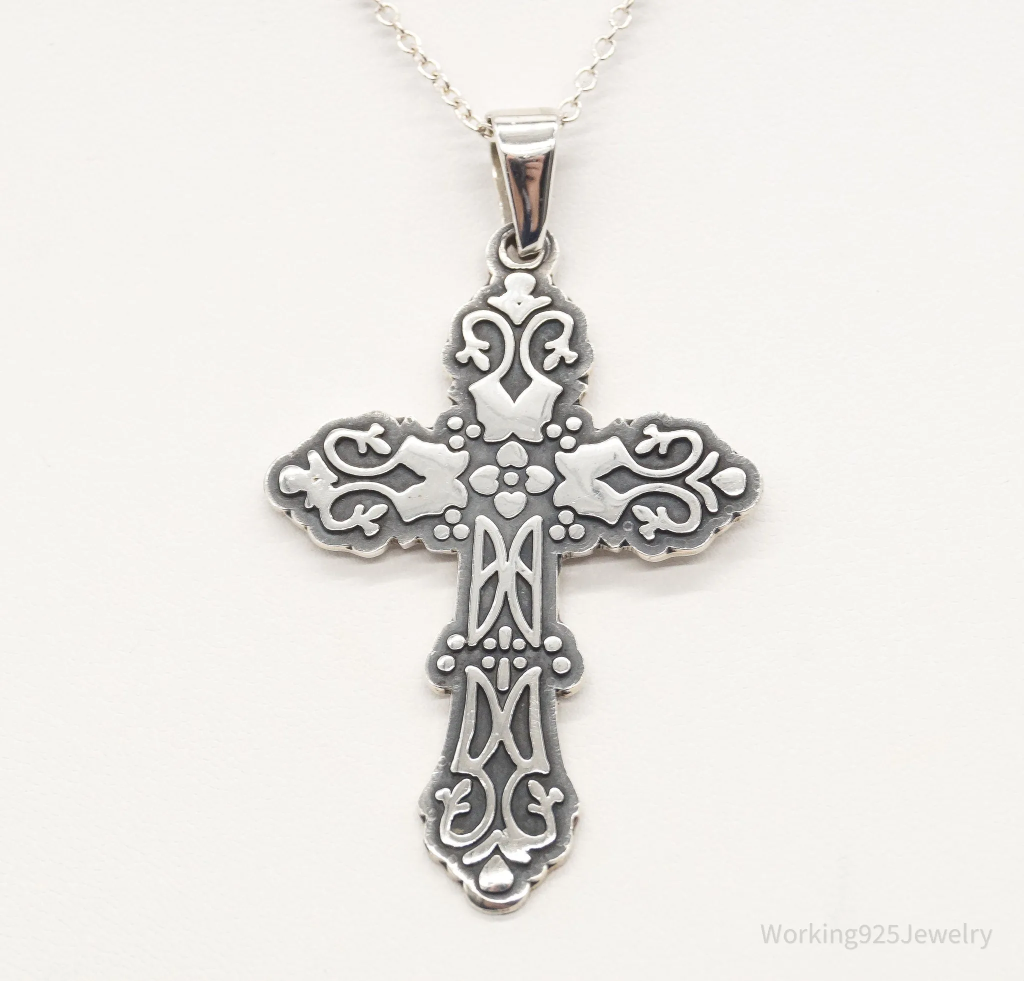 Vintage Large Mexico Artisan CII Cross Sterling Silver Necklace