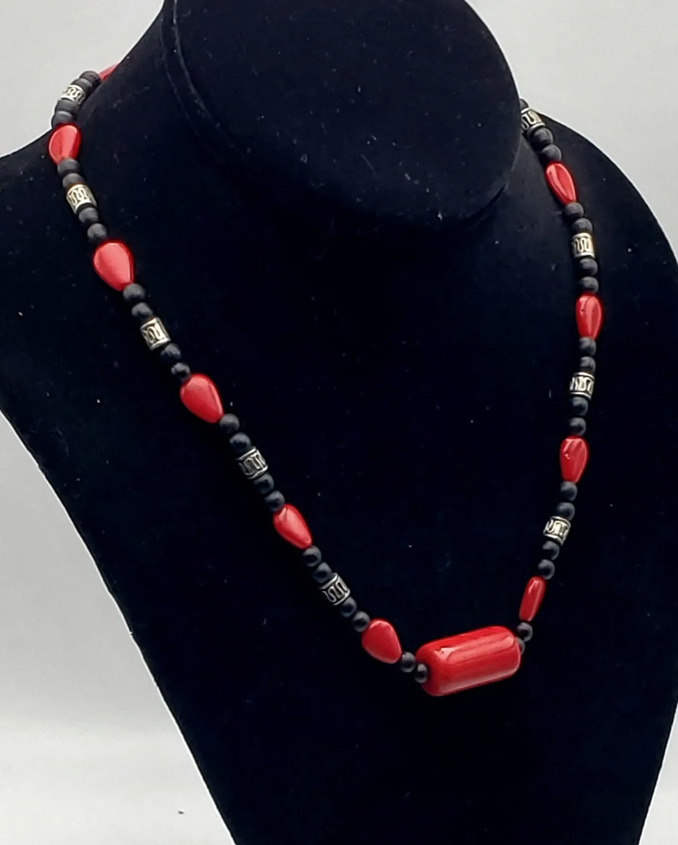 Vintage Red Glass, Black Wood, and Silver Tone Metal Bead Necklace - 18.25"