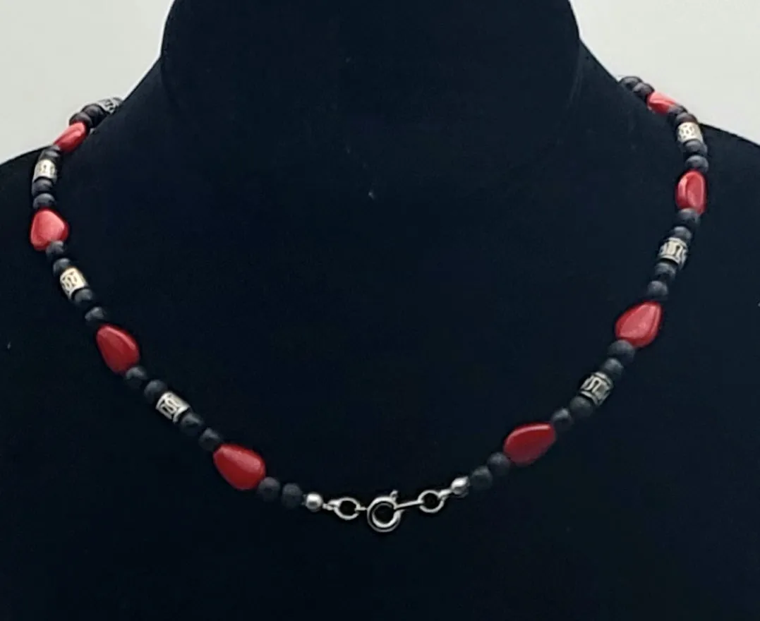 Vintage Red Glass, Black Wood, and Silver Tone Metal Bead Necklace - 18.25"