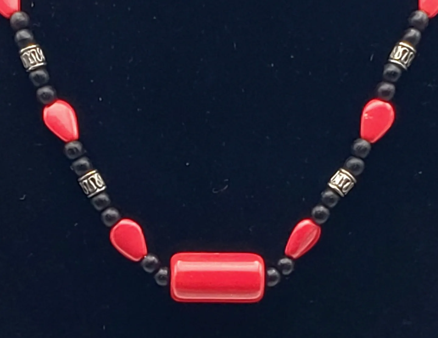 Vintage Red Glass, Black Wood, and Silver Tone Metal Bead Necklace - 18.25"