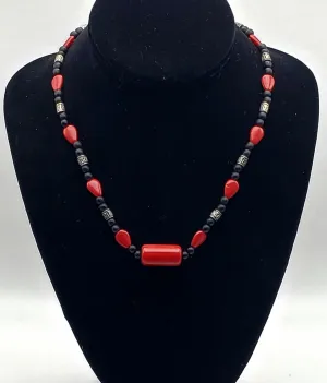 Vintage Red Glass, Black Wood, and Silver Tone Metal Bead Necklace - 18.25"