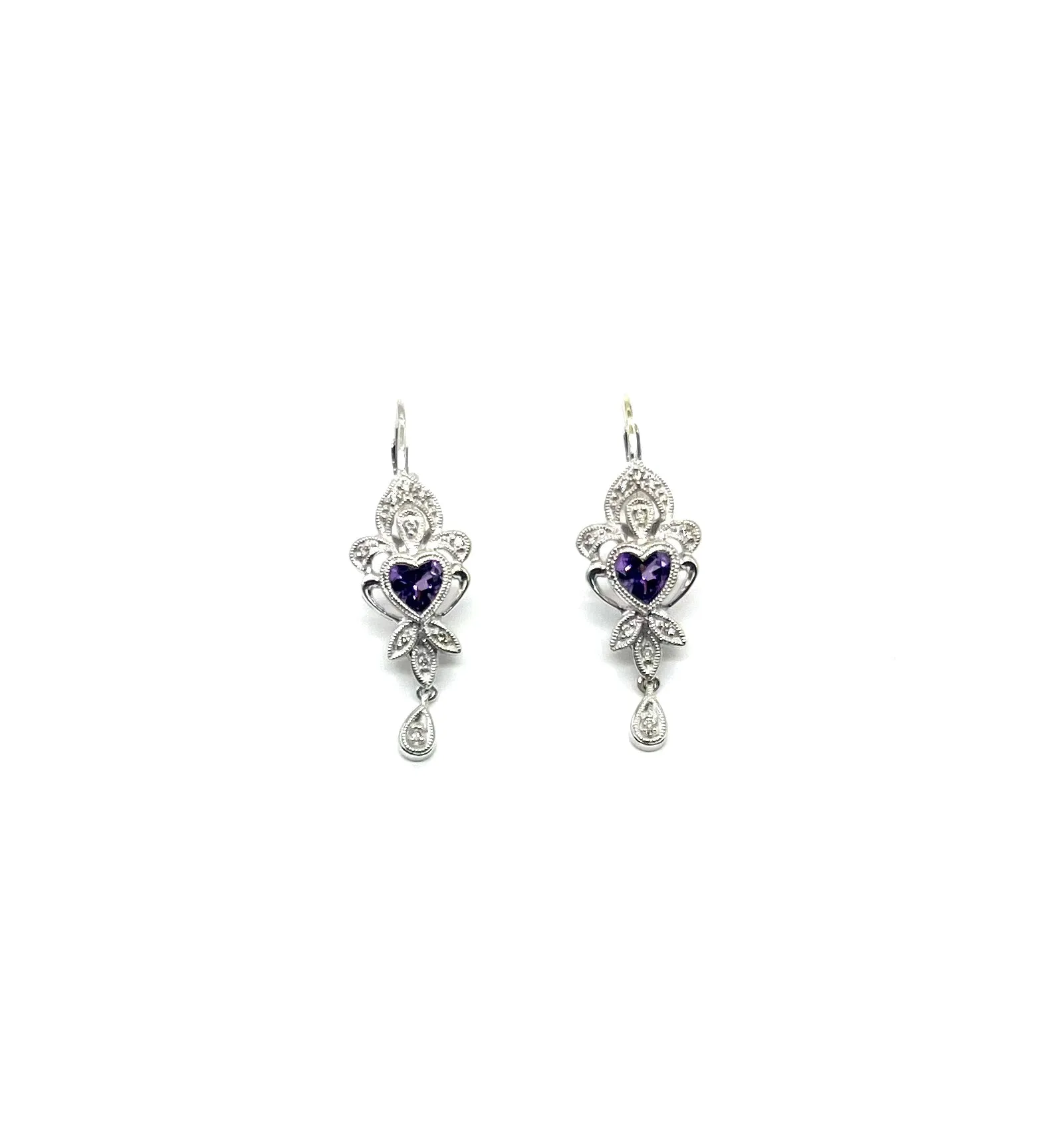 White Gold Heart Shaped Amethyst and Diamond Lever Back Earrings