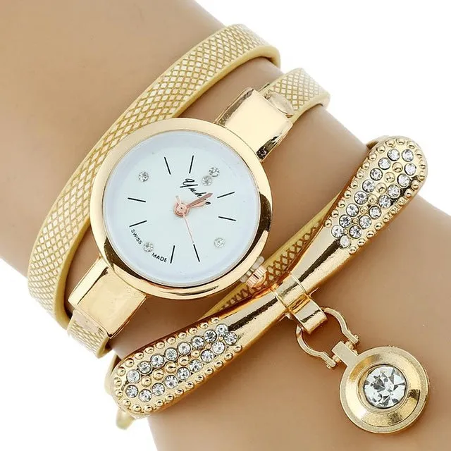 Women Rhinestone Gold Bracelet Watch Pu Leather Ladies Quartz Casual Wristwatch