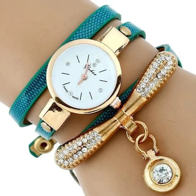 Women Rhinestone Gold Bracelet Watch Pu Leather Ladies Quartz Casual Wristwatch