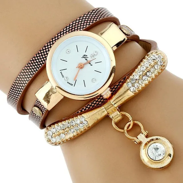 Women Rhinestone Gold Bracelet Watch Pu Leather Ladies Quartz Casual Wristwatch