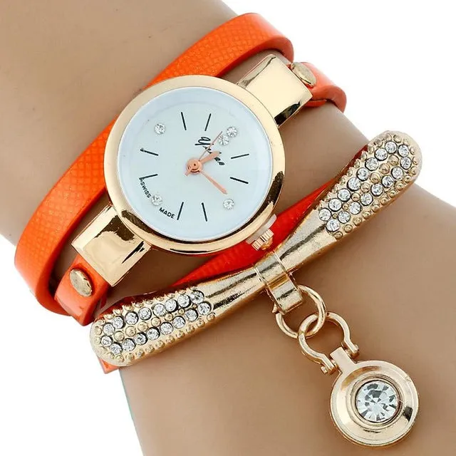 Women Rhinestone Gold Bracelet Watch Pu Leather Ladies Quartz Casual Wristwatch