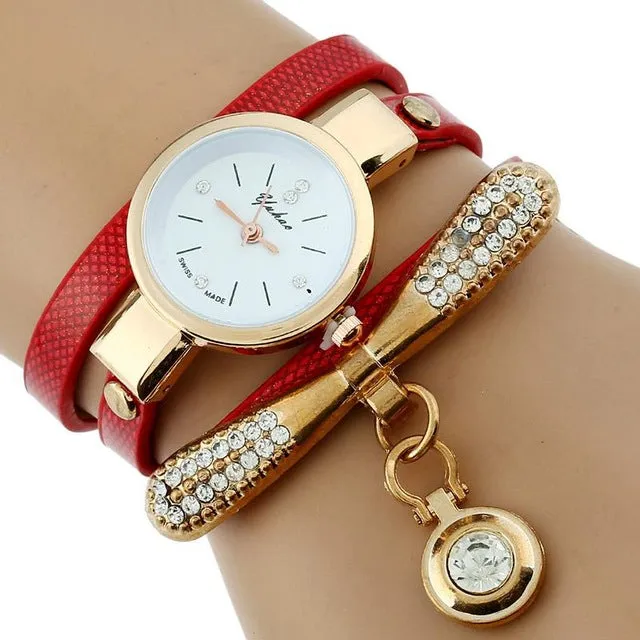 Women Rhinestone Gold Bracelet Watch Pu Leather Ladies Quartz Casual Wristwatch