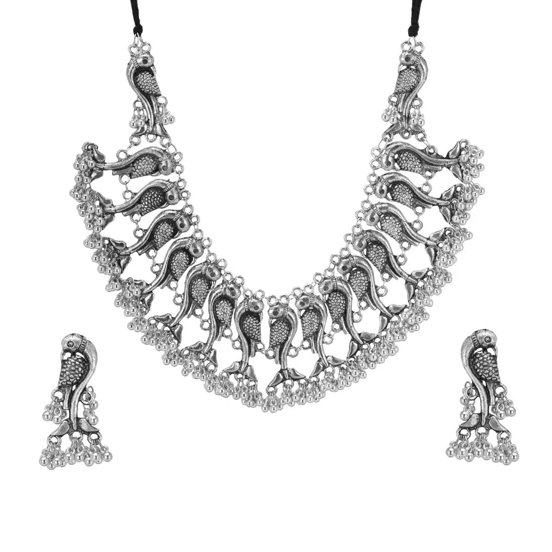 Yellow Chimes Oxidised Jewellery Set for Women Silver Oxidised Jewellery Set Antique Peacock Carved Choker Necklace Set for Women and Girls